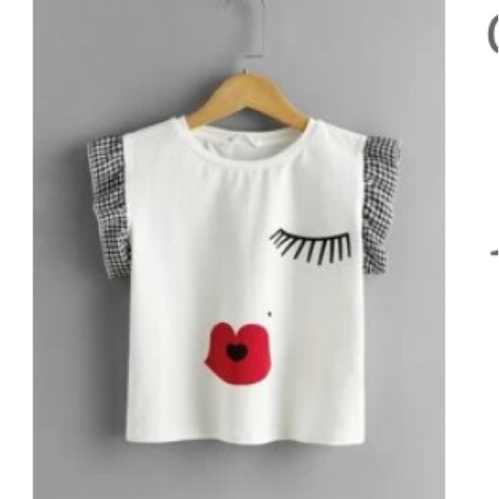 Girls Gingham Ruffle Trim Figure Graphic Top